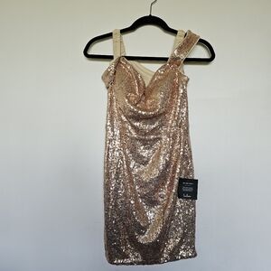 Lulus Shimmering Confidence Shiny Gold Sequin Cutout Mini Dress (Size Large)